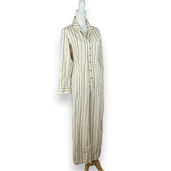 Free People Gia Jumpsuit in Neutral Ivory Tan  Stripe Long Sleeve Button Front - Picture 4 of 13